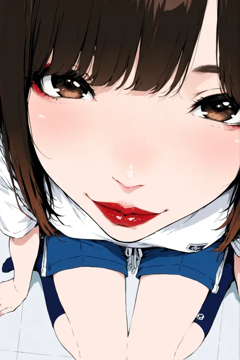 A girl from up close with the ((red lip)) ,kiss into the air,1 Japanese girl,schoolwear,blue shorts,white shirt,brown hair,sexy face,blue knee-length socks,without shoes,From above up close