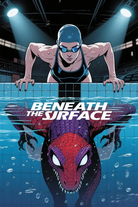 Cinematic movie poster, dramatic and detailed. A young professional swimmer is in position at the edge of a competition pool, her body low, arms bent, ready to dive in — her concentration is intense, eyes focused forward. She wears a tight, sleek competition swimsuit and a swim cap, goggles on her forehead, muscles tense in anticipation.
The lighting is intense and moody, with spotlights illuminating her from above in a high-stakes arena setting. Beneath her, the still surface of the pool reflects something terrifying — her same posture, but transformed: a red and violet-scaled reptilian creature with glowing white eyes, sharp facial features, and a chilling expression.
The reflection contrasts sharply with her human form, clearly showing a hidden dual identity. Water droplets and condensation enhance the atmosphere. The title: "BENEATH THE SURFACE" in bold, stylized text, hovers just above the waterline. Vibes of mystery, transformation, and suspense. Poster style: high contrast, sharp detail, cinematic lighting, surreal undertones. (Illustration style))(Comic Style))