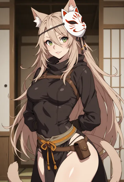 (light brown hair), very long hair, flowy hair, catgirl, nekomata, beautiful, cheeky, rogue, thief, hazel green eyes, mature, cocky, adult, clothed, yokai fox mask on the side of head, solo, (very fair skin complexion), two cat tails, japanese, thief cloth...