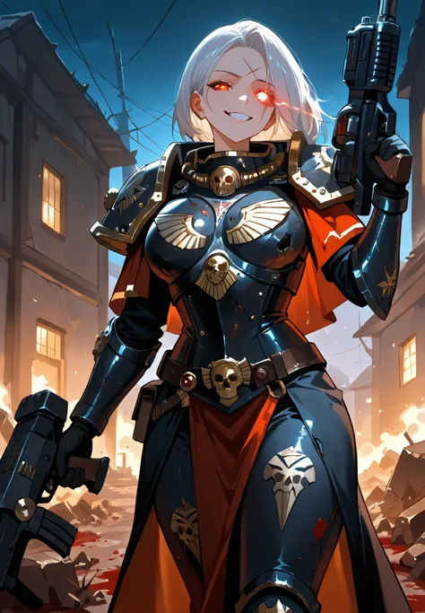 1girl,solo,sister of battle, warhammer 40000 universe,adepta sororitas,smirk, crazed eyes, (glowing eye trail:1.2), face scar,blood splatter,wearing a bulky ornate black armor, intricate details on armor,damaged armor,white hair,holding a bolter gun over h...