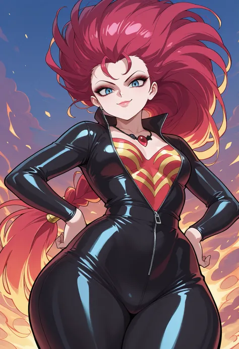 safe_pos, Ranma Saotome. red hair. pigtail. blue eyes. braid. small breasts. gigantic ass. necklace. black eyeliner. pink manicure. |  Dark Phoenix , superhero female , 1girl , solo , evil eyes , big giant hair, makeup , sexy latex unzipped , upper body , ...