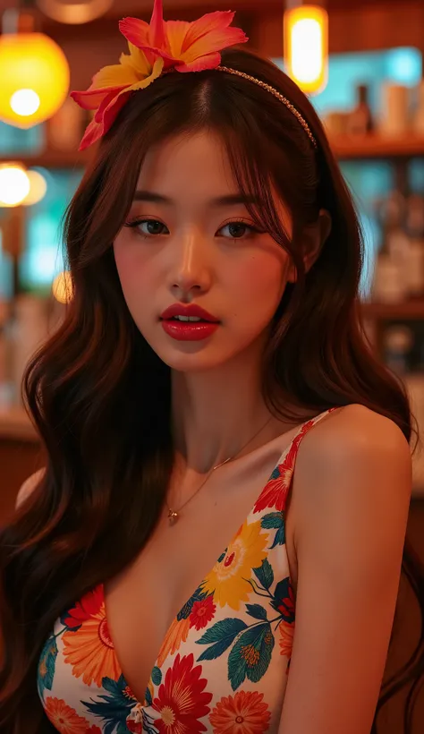 Premium Cocktail Bar,female,colorful dress,Hawaiian,Immersive Atmosphere,Delicate facial expression,Attractive Poses, Flowing Down ,dramatic lighting,Realistic Texture,Professional Photos,Master piece,HDR,4K,Realistic,Vibrant Color,Soft bokeh