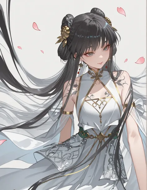 The woman is wearing a plain white ancient style top，Her long black hair is tied up in an elegant bun，Wearing exquisite silver hair accessories，Hair is as shiny as satin。Face is beautiful and elegant，Eyebrows are slender and stretched，Clear eyes are like a...