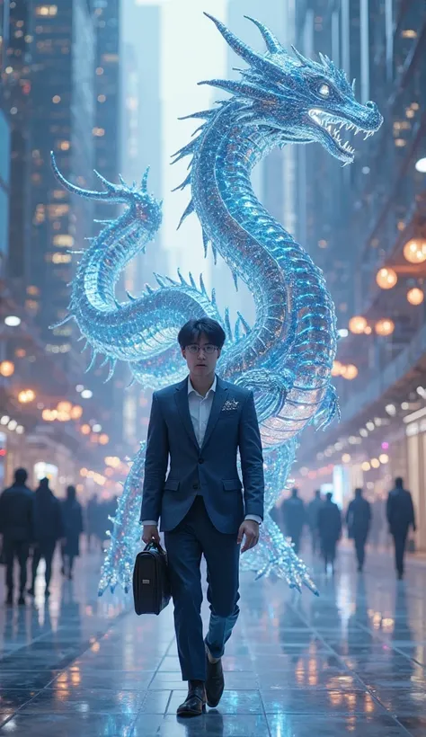 A glassy, light-drenched city of towering smart hubs and flowing interface bridges. Jong-Hee Han strides through in a sleek, midnight-blue suit with silver circuit embroidery. Floating behind him is a large humanoid dragon, made of reflective OLED panels t...