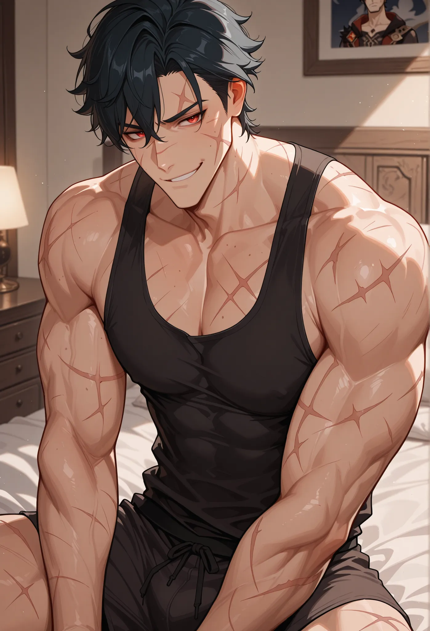masterpiece, best quality,_Genshin impact style,1guy,muscular,Black hair,Red eyes,moles,sitting on bed,No beard,no mustache,smirking,black tank top,boxer,scars on face,scars on body,Bedroom,morning