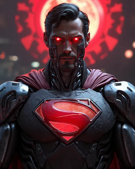 Hyper-detailed illustration of Cyborg Superman (Hank Henshaw), blending Kryptonian DNA with Warworld nanotechnology. Half of his face retains Superman's features with glowing red eyes, while the other half exposes a metallic endoskeleton with circuit patte...
