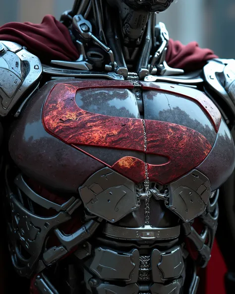 Macro shot of Cyborg Superman's chest cavity revealing layered anatomy: Kryptonian DNA strands intertwined with Borg-like assimilation tubules surrounding a fractured S-shield. Reflective surfaces show distorted images of Lois Lane's funeral and the destru...