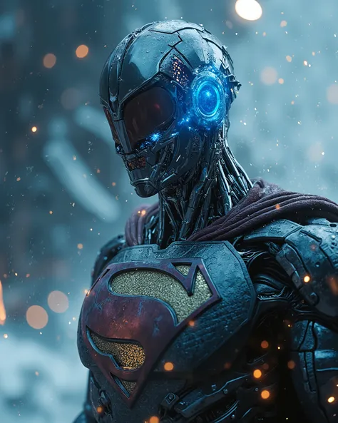 Realistic biomechanical Superman: organic skin grafted onto chrome endoskeleton, veins glowing with blue liquid Kryptonite. His suit is a fusion of shredded Kryptonian fabric and armored plating, with the 'S' shield flickering as a hologram. Close-up shot ...