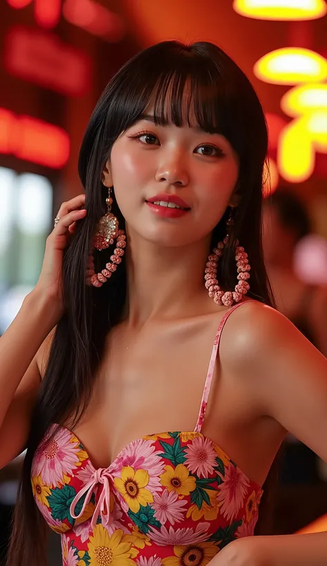 Premium Cocktail Bar,female,colorful dress,Hawaiian,Immersive Atmosphere,Delicate facial expression,Attractive Poses, Flowing Down ,dramatic lighting,Realistic Texture,Professional Photos,Master piece,HDR,4K,Realistic,Vibrant Color,Soft bokeh