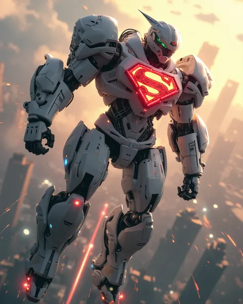 Ultra-detailed illustration of Superman's mecha armor forged from Kryptonian alloy, glowing white chassis with red S-shield chest core emitting solar radiation waves. Hydraulic musculature visible through armor joints, back-mounted thrusters inspired by LE...