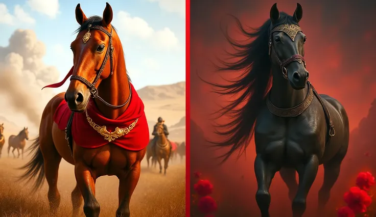A split-screen image depicting two contrasting versions of Chetak, the legendary horse. On the left, a noble and heroic Chetak stands majestically – muscular build, glossy red coat, proud stance, adorned with ornate Rajput war gear, glowing warm golden eye...