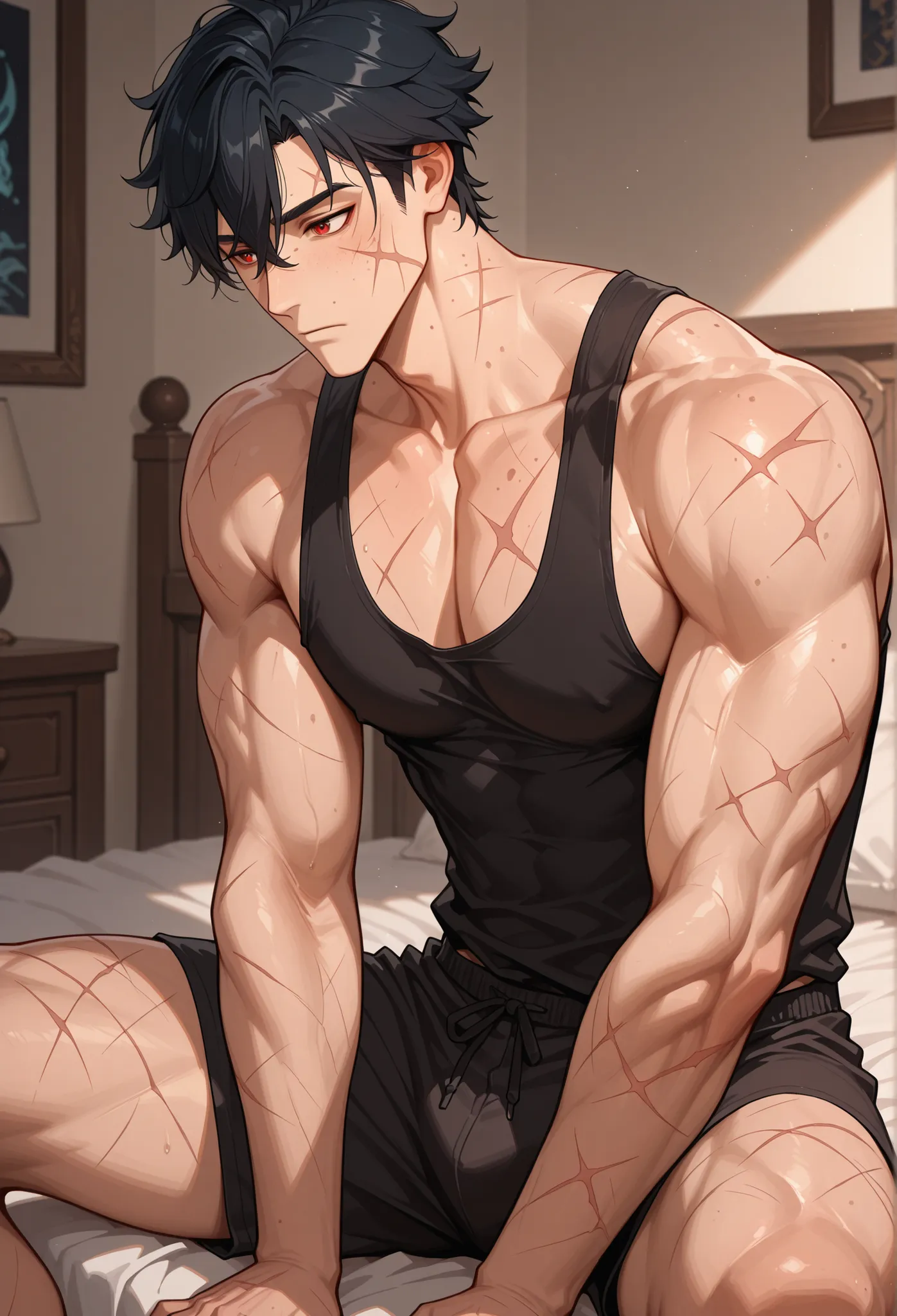 masterpiece, best quality,_Genshin impact style,1guy,muscular,Black short hair,Red eyes,moles,sitting on bed,No beard,no mustache,black tank top,boxer,scars on face,scars on body,Bedroom,morning