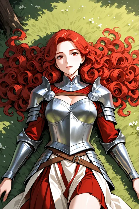 Sexy warrior in semi-insurgent armor, long curly hair skirts, Lying in a field with trees in the background