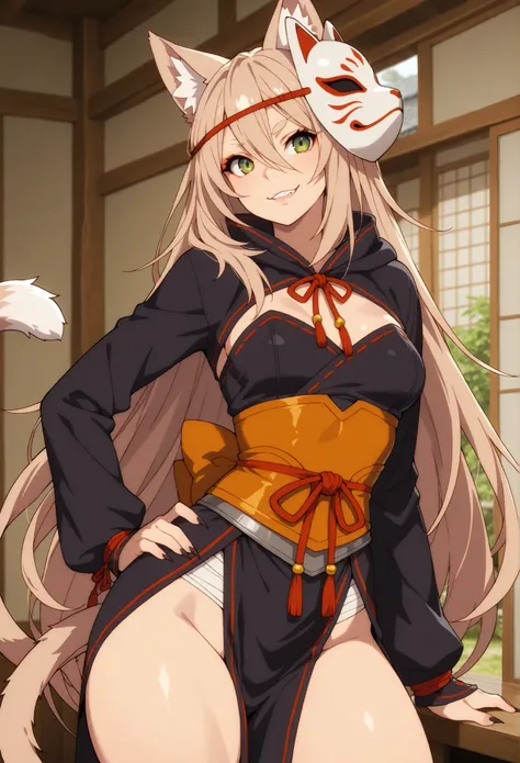 (light brown hair), very long hair, flowy hair, catgirl, nekomata, beautiful, cheeky, rogue, thief, hazel green eyes, mature, cocky, adult, clothed, yokai fox mask on the side of head, solo, (very fair skin complexion), two cat tails, japanese, thief cloth...