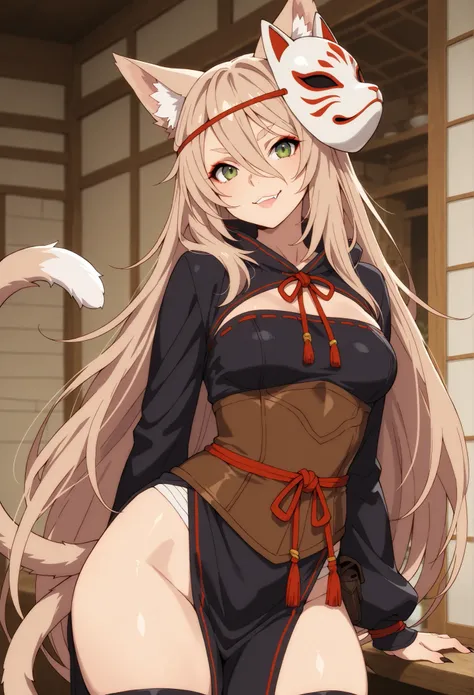 (light brown hair), very long hair, flowy hair, catgirl, nekomata, beautiful, cheeky, rogue, thief, hazel green eyes, mature, cocky, adult, clothed, yokai fox mask on the side of head, solo, (very fair skin complexion), two cat tails, japanese, thief cloth...