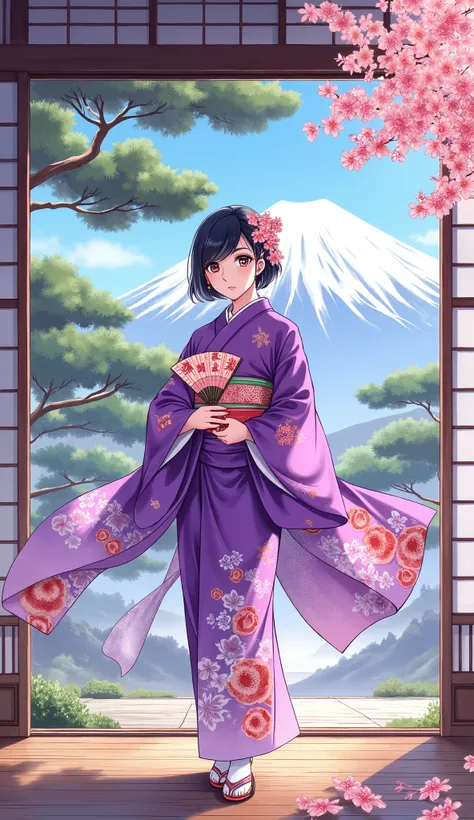 illustrations、Anime、A beautiful 25 year old woman is standing、purple kimono、Japanese Woman、Japanese-style room、pine tree、meters. Fuji、 beautiful flowers 々 、Floral fan、Women have big breasts i 、