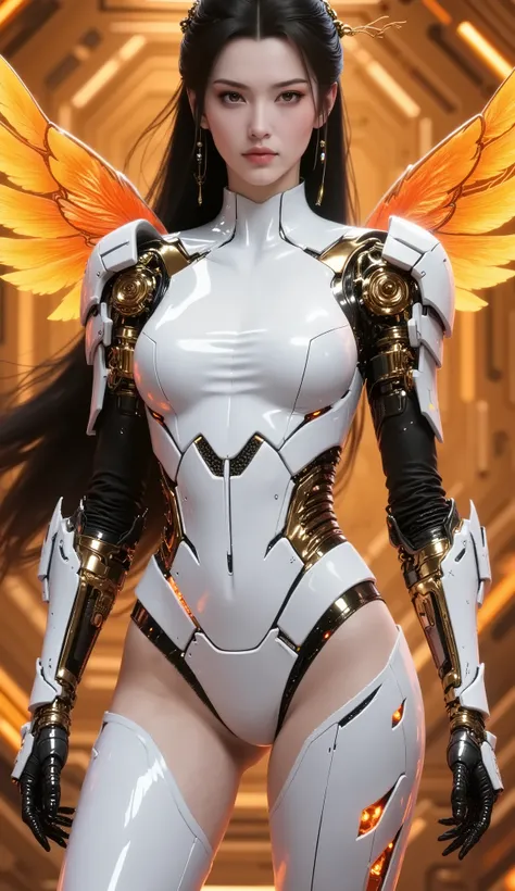 8,000, Masterpiece, highest quality, bee, Future Female Figure, Cyberpunk, Orange and white color scheme , Mechanical wings, smooth design , hexagonal honeycomb background , orange glow , digital art, Highly Detailed, 3D Rendering, Sci-fi Concept Map ...