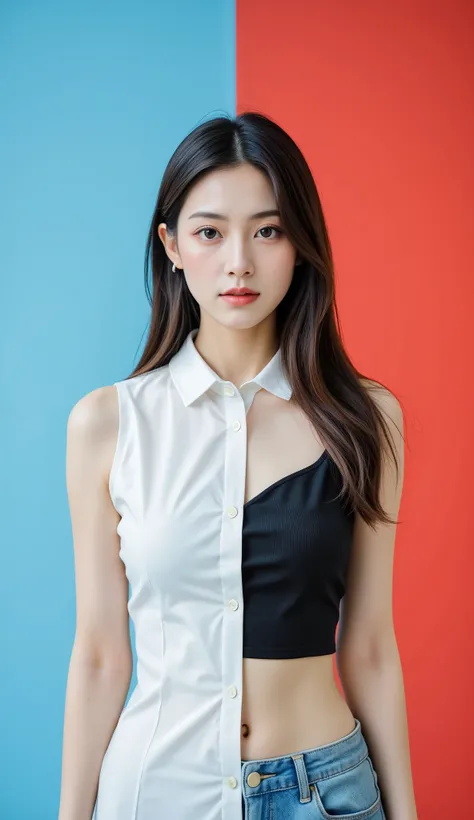 A frontal portrait photograph of a 20-year-old Japanese businesswoman, with the image vertically split down the middle. The left half shows a woman with medium-length straight black hair, minimal makeup, big brown eyes, small gold stud earrings, and a slim...