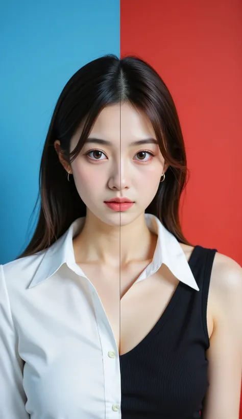 A frontal portrait of a 20-year-old Japanese businesswoman is split vertically down the middle, showing contrasting appearances. The left half displays a woman with natural-looking makeup, medium-length straight black hair, large brown eyes, and small gold...