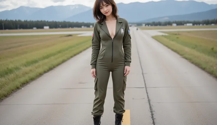 sexy japanese model, black hair, female, smile, wearing snug usa air force flight Suit, military Boots, come undone front zipper, big breasts, no-bra, (cleavage:1.4), outdoor, air force base runway, (full body photo:1.8)