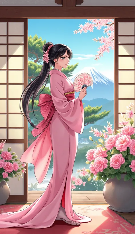 illustrations、Anime、A beautiful 25 year old woman is standing、pink kimono、Japanese Woman、Hakama、Japanese-style room、pine tree、meters. Fuji、 beautiful flowers 々 、Floral fan、Women have large breasts、