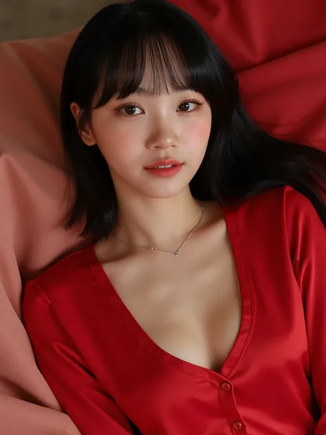 (Masterpiece.Uhd.photorealistic) (((((closeup soft natural breasts))))), necklace, soft loose red silk pajamas, unbuttoned cleavage, long hair