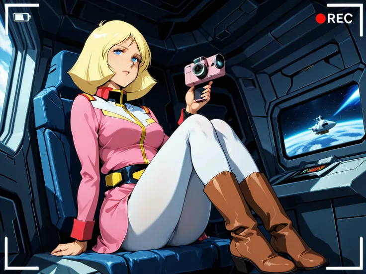 (beautiful quality), masterpiece, exquisite, best quality, amazing quality, highest quality, absurdres, 18k, amazing shadows, hi res, phone camera view, viewfinder, 1girl, Sayla Mass,blonde_hair, short_hair, blue_eyes, medium breasts, pink military uniform...