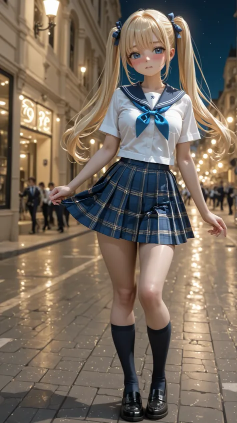  girls、Idol、school uniform、Full Body、Blonde、Blue Eyes、twin tails、Street Scenery、Blush、night