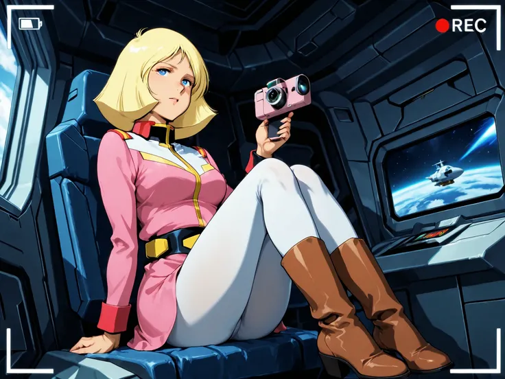 (beautiful quality), masterpiece, exquisite, best quality, amazing quality, highest quality, absurdres, 18k, amazing shadows, hi res, phone camera view, viewfinder, 1girl, Sayla Mass,blonde_hair, short_hair, blue_eyes, medium breasts, pink military uniform...