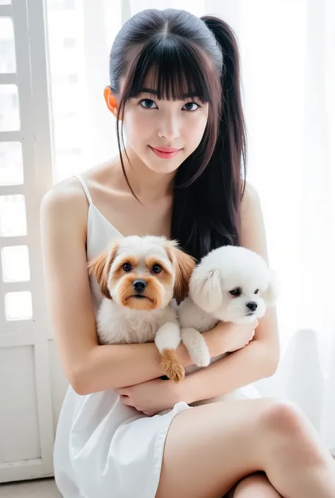 Create a photo of a Japanese idol girl with fair skin. She has long black hair styled in a ponytail with bangs. The girl has a slender body, small chest, and thin legs, dressed in a white dress. She is sitting, holding a cat and a toy poodle in her arms, s...