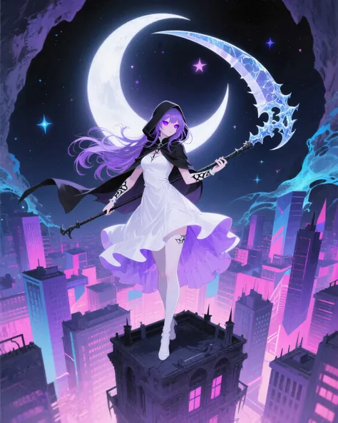 (非常に高解像度, 傑作, 最高品質, 非常に詳細な, CG, 公式アート, 正確で並外れた挿絵: 1.3), 1 女性, ソロ, (白装束のグリム・リーパー), (白いドレス, 流れるような重ね着のライラック色のドレス, 襟元のフード), (長く流れるようなライラック色の髪, シャギー, 分け目のある前髪, 髪が後ろに流れる, 輝く紫色の目, 半分開いた斜めの目, フードの影に隠れた表情, 黒塗りの表情: 2.0, 肌が白い, 完璧な女性の体型), (両手に鎌の柄を持っている, 三日月のような形の大きな鎌, 氷でできた巨大なグリム・リーパーの鎌, 鎌を踊るように振り回す, 魔法陣から召喚された鎌, まるで海の洞窟にいるかのようなダイナミックなポーズで飛んでいる), (美しく詳細な背景, セクシーなカットアウト, 背景: 巨大な三日月のある異世界の空間), (背景: 紫色の色合いの鮮やかな幾何学図形で構成された様式化された都市景観, ピンクとブルー, 月型の鎌が画像の大部分を占め、中景に広がる都市景観の上に鎮座している, 暗い夜空に星が散りばめられている, 薄紫色を強調した鮮やかな明るい色彩, 青とピンク, 夢のような幻想的な雰囲気を醸し出している, 暗い幻想的な雰囲気, 建物からは冥界の恐ろしい雰囲気が漂っている, 都市の頂上にいる少女のハイアングル, 明るい照明でキャラクターと鎌の装飾が際立っている, ダイナミックアングル, ダッチアングル)