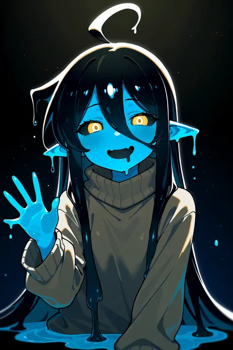 (masterpiece, sidelighting, finely detailed beautiful eyes: 1.2), ((best quality)), ((masterpiece)), (highly detailed:1.3), anime, 1girl, petite, small chest, short stature, solo, cute smile, having fun, pointy ears, (black slime drool), slime tongue, blac...