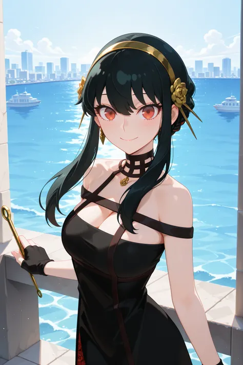 Masterpiece, Top Quality, Medium Bust, (Curvaceous), Tiny Waist, BREAK, Yor Briar, Yor Forger, 1 Woman, Black Hair, Red Eyes, Long Hair Short Hair, Gold Headband, Flower Headband, Black Choker, Black Dress, Sleeveless, Off Shoulder, Floral Print, Fingerles...