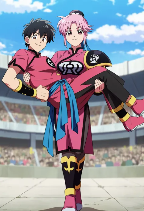masterpiece, anime coloring, newest, Maam, Battle Costume, solo, looking at viewer, smile, closed mouth, standing, full body, outdoors, sky, day, blue sky, hands on own hips, crowd , princess carry, 1boy, black hair, role reversal, female carrying male...