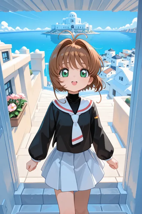 (Picture:1.3), High detail, Cardcaptor_Sakura flowers, Solo, Shy Guy, Skirt fluttering in the wind, (Masterpiece, Best quality, Details:1.3), Kinomoto Sakura, My brown hair is tied in two with a red rubber band, Standing, Happy, Peace sign in the photo. Sh...