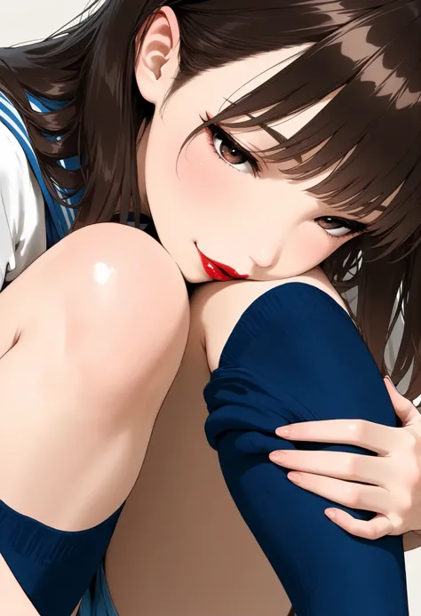 A girl up close painting her lips red with a ( lipstick ),kiss into the air,1 Japanese girl,school clothes,blue shorts,white shirt,brown hair,sexy face,Blue knee-length socks,without shoes