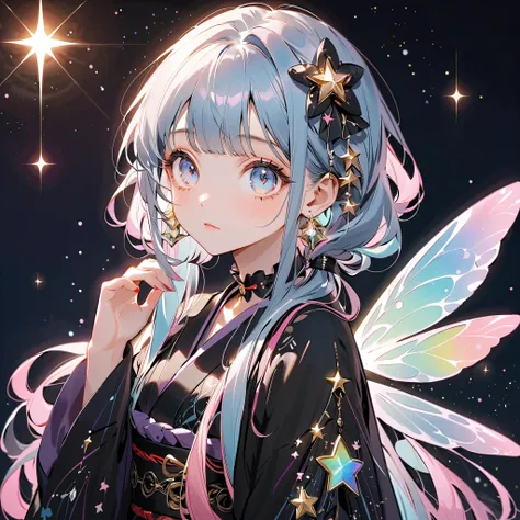 character design sheet、facing the viewer、long smooth hair、unique hairstyle、big eyes、Gradation of eyes from pastel pink to pastel blue、Ruffles on the collar 、masterpiece, best quality, high quality, detailed, ultra detailed, hyper detailed, insanely detaile...