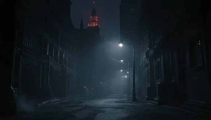 "A dark and eerie night in Philadelphia city — empty streets dimly lit by flickering streetlights, fog rolling between tall skyscrapers, shadows cast over historic buildings like Independence Hall, a faint red glow in the sky, ghostly figures lurking in al...