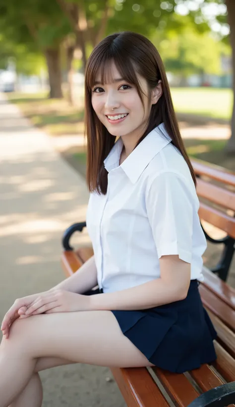 masterpiece, (nsfw:1.4), (cinematic portrait:1.3),  Beautiful artistic portrait, young Japanese high school student girl, (large breasts:1.3), sitting elegantly on wooden park bench, white cotton shirt with collar, navy blue mini-length pleated skirt, hand...