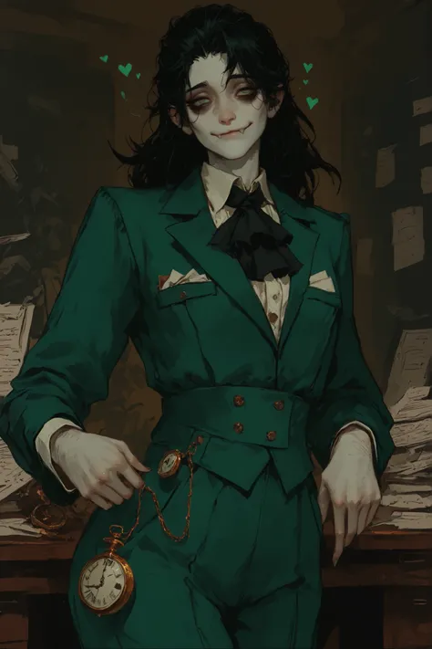 solo, female, lean, athletic build, deathly pale, emerald green eyes, bags under eyes, loose hair, short black hair, heart-shaped face, single pointed fang, closed mouth, mistrustful, subtle smile, private detective, Victorian, close up, office, pocket wat...