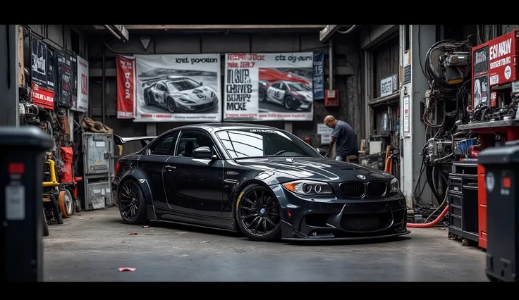 racing car posters all over the wall, Cluttered machinery, Dim lighting, BMW E82 135i,car height is low,BMW E82 135i with black wheels,