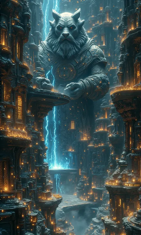 Underground city futuristic science fiction, cities of the dwarves cyberpunk, dynamic light, houses and monuments incredible crafts, giant statues, castelos monumental, 