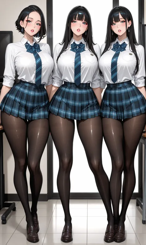 masterpiece, High Quality, Three female college students,  different hairstyles, College Pleated Miniskirt Uniform, various bust sizes, viewers from glans to faces, lined up in a row in the studio, Bright indoors, Blush, Glossy Black Tights_wide thighs_lon...