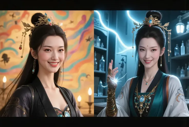 The realistic scene on the left side is dominated by warm tones、The cyan glaze of the bottle shimmers with a gentle luster under the light {x} She is sticking out a mechanical prosthetic arm and touching a quaint Ming dynasty mirror {x} as if taking the au...