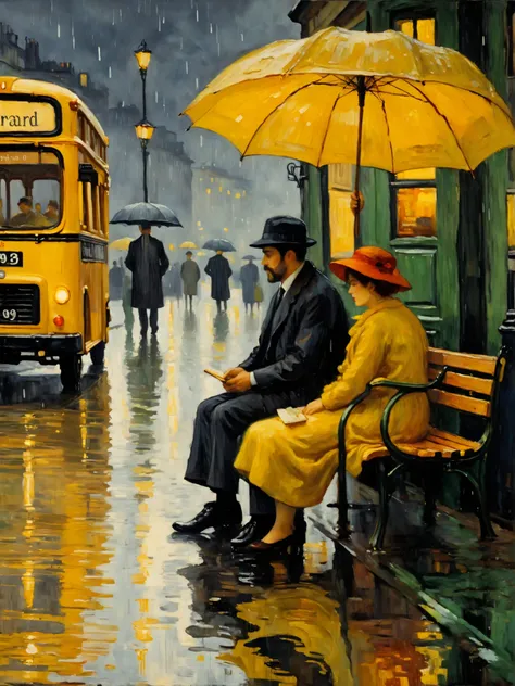 (downpour, rainy night:1.2), (bus stop,Two People Waiting on a Bench:1.6), rain, (close-up:1.8), 8k,Pierre Bonnard Style - Pierre Bonnard, Scene Painting, Pierre Bonnard Style Oil Painting