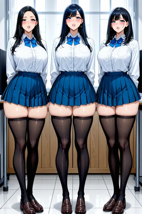 masterpiece, High Quality, Three female college students,  different hairstyles, College Pleated Miniskirt Uniform, various bust sizes, viewers from glans to faces, In the studio, Bright indoors, Blush, 太ももlong black stockings_wide thighs_long legs, parted...