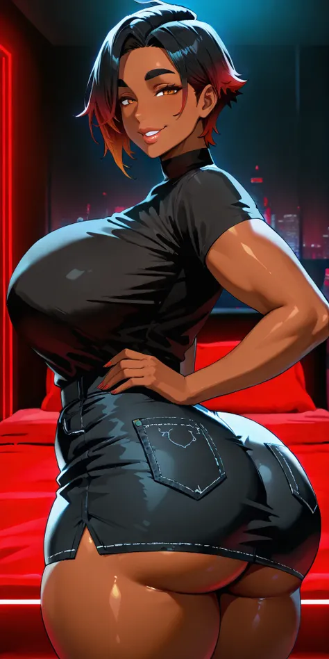 4K Quality, ((sexy smile)), ((black denim skirt)), sexy pose, (wide hips), (dark skinned tomboy), (black and red gradient hair), amber eyes, thick eyebrows, ((dark skinned)), ((black shirt)), ((thick thighs)), big breasted, (big ass), (facing the viewer), ...