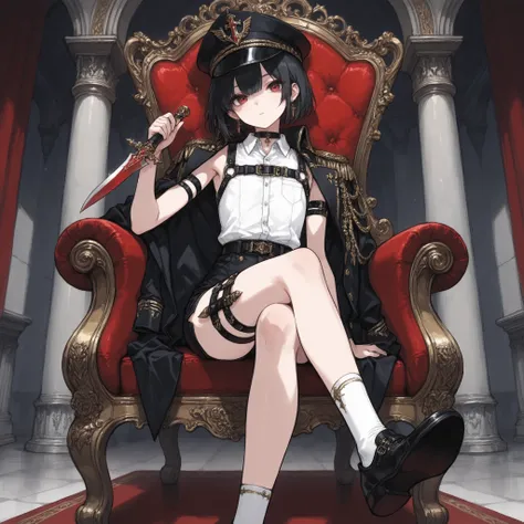 ((Best quality)), ((masterpieces)), (detailed), perfect face, SOLO, ((femboy)), tomgirl, ANIME, beautiful detailed eyes, BOB hair, BOBed hair, black hair, RED EYES, BARE thighs, (((BARE LEG))), ((BLACK short pants)), (((dress shirt))), ((Flat chest)), Chok...