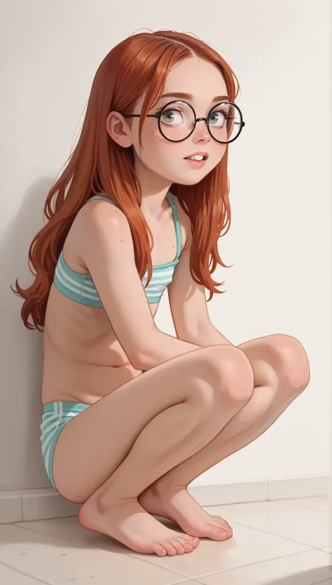 Young girl. Cartoon. Nerdy, buckteeth. . Round glasses. Undeveloped beautiful body. short stature. Ginger. Freckled skin. flat chest, thin arms, extremely skinny, barefoot, long hair. Pale skin. Squatting. Miniskirt. Low angle shot, 