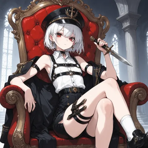 ((Best quality)), ((masterpieces)), (detailed), perfect face, SOLO, ((femboy)), tomgirl, ANIME, beautiful detailed eyes, BOB hair, BOBed hair, white hair, RED EYES, BARE thighs, (((BARE LEG))), ((BLACK short pants)), (((dress shirt))), ((Flat chest)), Chok...